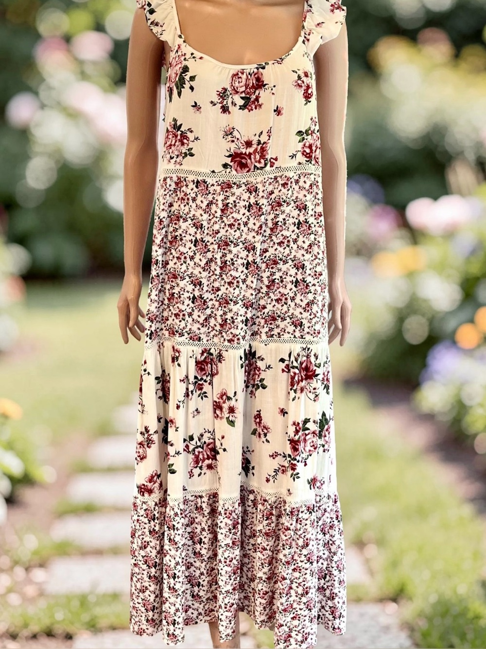 By The River Floral Maxi Dress M White Pink Boho Cottagecore Tiered